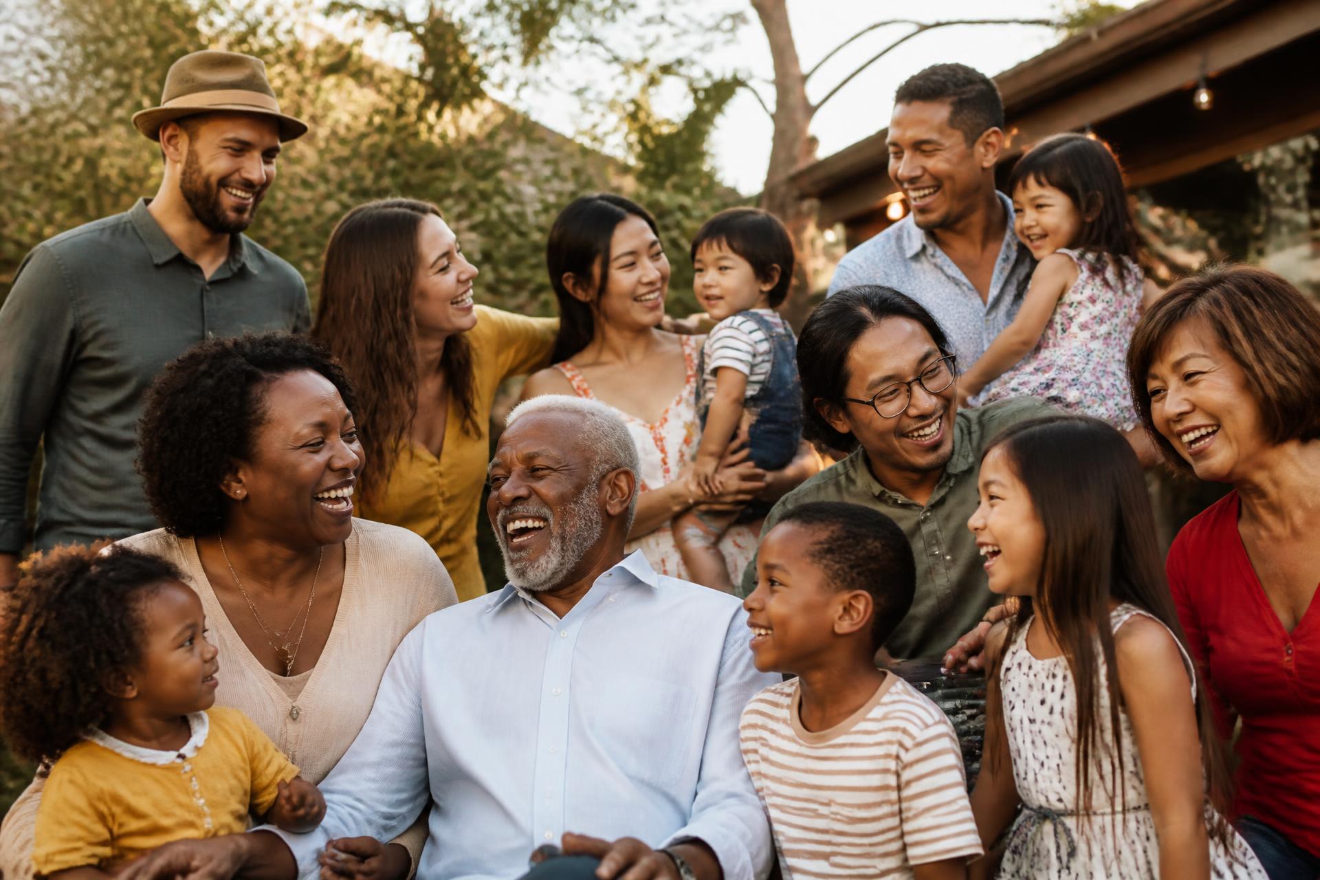 Diverse multi-ethnic families of all backgrounds — Black, Asian, White, Hispanic, and more — laughing together at a community gathering